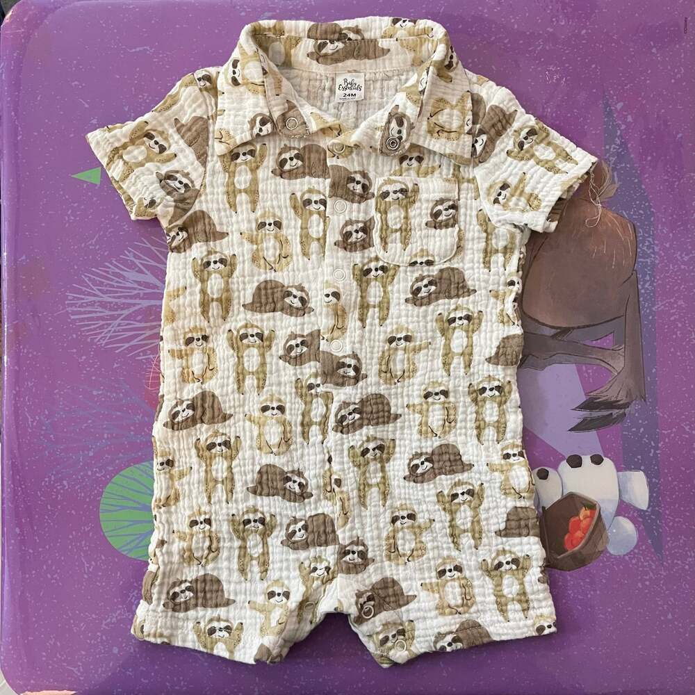 Baby Essentials 24M Sloth Print Cotton Gauze Snap-Up Romper
